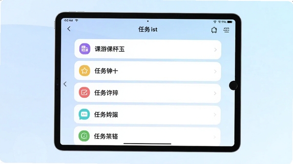 课游记功能展示图,平板电脑横屏显示着任务列表界面,列表项带有彩色标签图标,背景为淡雅的渐变蓝色,画面干净整洁,强调任务管理的清晰与便捷
