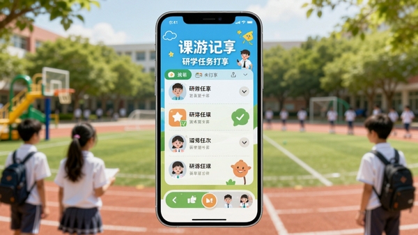 课游记主界面预览图,画面中央是一部智能手机,屏幕中展示着色彩明亮的研学任务打卡界面,背景是模糊处理的校园操场与绿树,整体风格清新自然,突出记录与分享的主题
