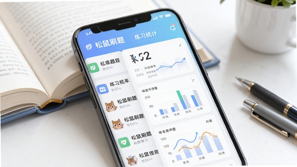 松鼠刷题应用主界面预览图,手机屏幕展示着清爽的题库列表与练习统计图表,背景采用柔和的渐变蓝白色调,前景主体是手机设备,周围点缀着书本和笔的学习元素,画面明亮清晰,突出高效学习氛围