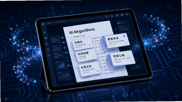松鼠刷题智能出题过程示意图,画面中央是一台平板设备,屏幕内显示着AI算法将不同知识点的题目卡片组合成一张试卷的过程,周围有数据流动的光效,背景为深蓝色科技感风格,突出智能与精准的特性