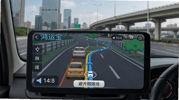 鸿运宝司机货车导航界面,路线清晰显示,避开限行区域,有语音播报提示,车辆图标沿路线行驶,背景为城市道路与高架桥,风格真实细腻,突出专业导航功能