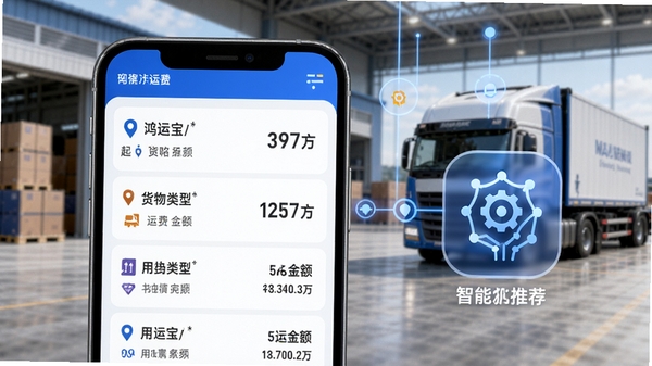 鸿运宝司机货源匹配功能示意图,手机屏幕放大展示货源列表,包含起止地点、货物类型、运费金额,旁边有智能推荐算法图标,背景为物流仓库与货车,风格简洁现代,突出智能与精准