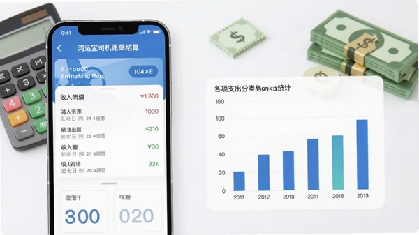 鸿运宝司机账单结算页面,显示收入明细、各项支出分类统计,柱状图展示近七日收入趋势,手机界面清爽,背景有计算器和现金图标,风格商务简约,突出清晰对账