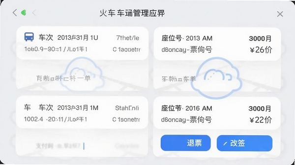 ��Ʊ��ѯ��ƱӦ�ö����������棬��ʾ��֧�������б���ÿ�ſ�Ƭ�������Ρ����ڡ���λ�š�Ʊ����Ϣ���ײ�����Ʊ�͸�ǩ��ť������Ϊǳ��ɫ����Ƭ�ʰ�ɫԲ����ƣ���������ˬ���࣬ͻ���ƶ�ͬ������