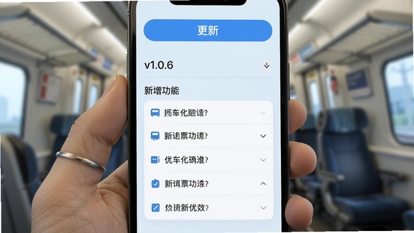 ��Ʊ��ѯ��ƱӦ�ø�����־���棬��Ļ����ʾ�汾��v1.0.6�����������б�������Ϊ����ɫ���Ϸ��С����¡���ť���������࣬ͻ�����°汾�Ż�����