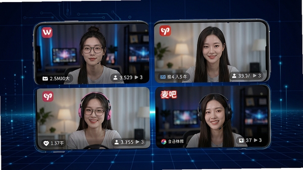 麦吧呵直播软件多平台推流功能示意图,手机屏幕分割为四个小窗口,分别显示不同直播平台的预览画面,每个窗口带有平台logo和在线人数统计,背景为深蓝色科技感网格,突出高效分发能力