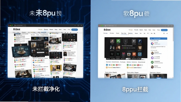 8pu软件广告拦截功能示意图,画面左侧为未拦截的杂乱网页,右侧为8pu拦截后的干净页面,形成鲜明对比,背景采用深蓝色科技纹理,突出8pu对网页环境的净化能力