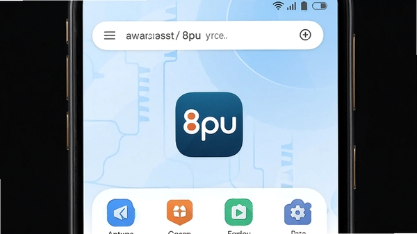 8pu手机浏览器主界面预览图,展示极简风格的地址栏与首页快捷导航,背景为淡蓝色的科技感渐变,中心位置突出8pu应用图标,整体画面干净明亮,适配移动端竖屏展示效果