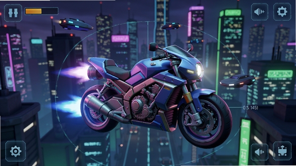 A highly detailed 3D flying motorcycle hovering above a futuristic neon city, the main vehicle centered at coordinates (0.5,0.5) with glowing thrusters, city skyline occupying the upper 60% of the background, cyberpunk color palette, clean mobile game screenshot style, Boogu render