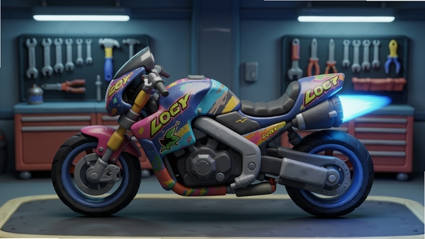 A customized flying motorcycle inside a futuristic garage, colorful decals and glowing blue thrusters, side view with tool racks in the background, 3D game asset style, Boogu render