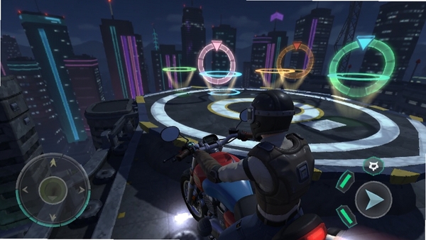 A flying motorcycle carrying a passenger towards a rooftop helipad, glowing waypoint rings floating in the air, neon city skyline at night, third-person mobile game view, Boogu render
