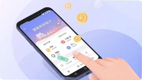A close-up of a hand tapping an Android phone screen showing the �����в� quick-entry accounting interface, floating golden coin icons, soft purple-blue background, flat illustration style, clean UI