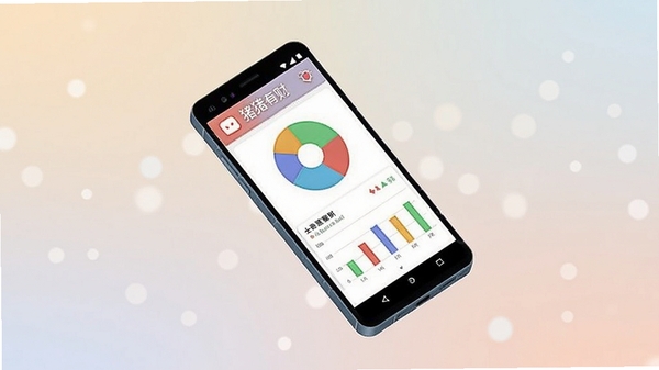 An isometric Android phone floating in the center, screen showing the �����в� dashboard with colorful pie chart and bar graph, soft gradient background, 3D render, bokeh light spots