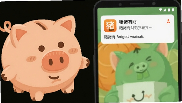 A cute cartoon piggy bank sitting next to an Android smartphone, the phone screen showing a budget alert notification from the �����в� app, warm orange and green tones, friendly flat design