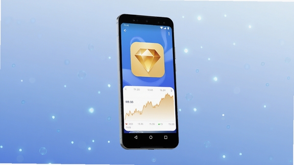A clean Android phone floating in the center, screen showing the ���� app with golden diamond logo and gold price chart, soft blue gradient background with light particles, centered subject occupying the middle 60 percent of the frame, Boogu style, high detail