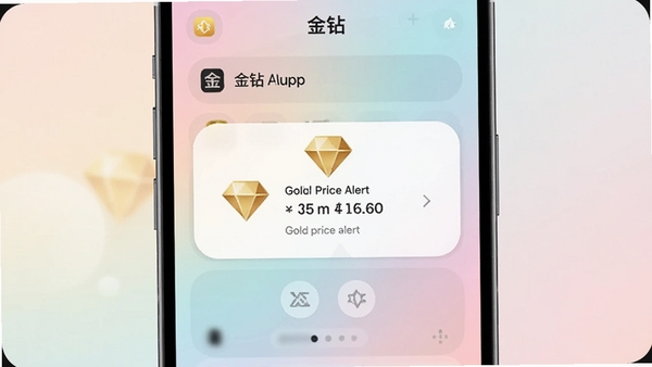 A mobile phone notification screen of ���� app showing a gold price alert pop-up with golden diamond icon, clean UI, pastel gradient background, centered subject, Boogu style