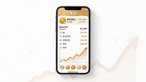 A smartphone screen displaying the ���� app showing gold and silver bullion price list and rising line chart, bright white background, centered phone with soft shadow, Boogu illustration style
