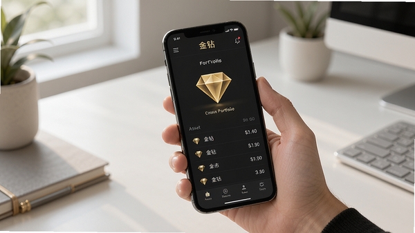 A hand holding a phone showing the ���� portfolio page with golden diamond and asset list, minimalist desk background, soft natural light from the left, Boogu style