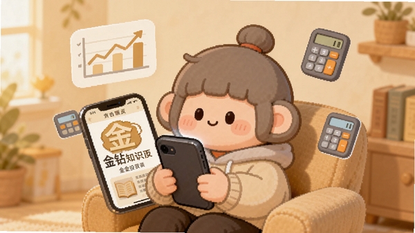 A cozy reading scene with smartphone showing ���� knowledge page about gold investment, warm beige background, floating charts and calculator icons, centered subject, Boogu style