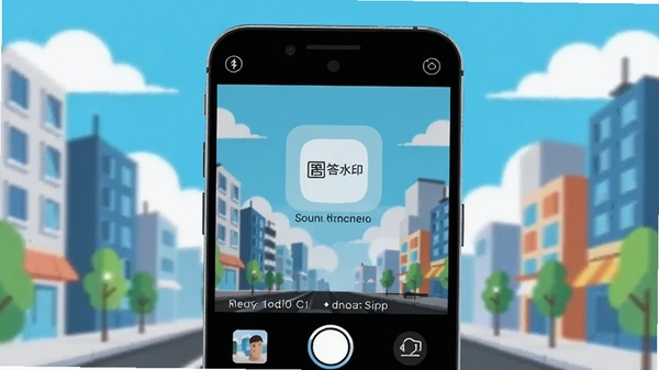 手机屏幕特写展示匿答水印相机自动时间地点水印效果,背景为城市街景与蓝天白云,现代扁平矢量插画风格,色彩明亮。