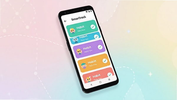 SmartTrack app habit list interface shown on a floating Android phone, multiple colorful habit cards with check circles arranged vertically, soft pastel background, modern flat design, bright lighting, no text, cheerful productivity theme