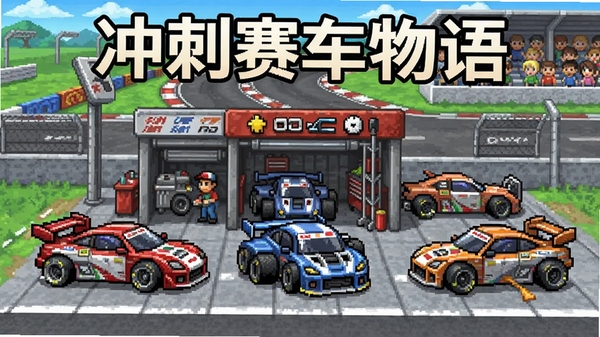 冲刺赛车物语游戏整体预览图,画面主体为像素风格赛车维修站与多辆待改装赛车,背景为露天赛道与观众看台,色彩明快,细节丰富,符合开罗游戏经典画风,适合作为游戏介绍头图