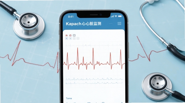 一张展示卡帕奇心电软件主界面的高清截图,画面中央是手机屏幕显示心电波形图,背景为淡蓝色医疗风格,周围有听诊器、心电图线条等元素,整体简洁专业,突出心脏健康监测主题