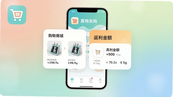 真物友购手机应用主界面展示,画面中央显示购物商城与返利金额汇总卡片,背景为柔和渐变色,整体风格现代简约,APP图标醒目,突出真物友购品牌名称