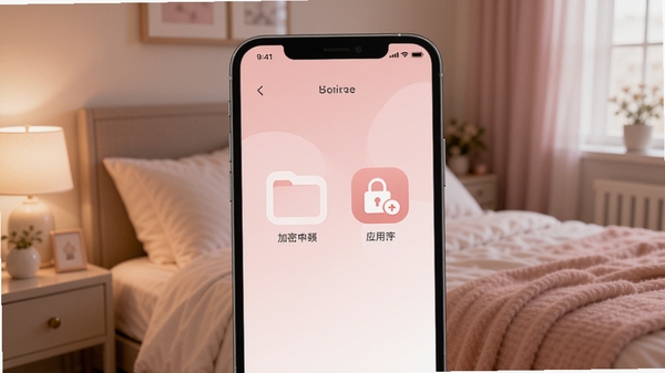 女生私密软件主界面预览图,展示柔和粉色调的界面设计,手机屏幕中央显示加密文件夹和应用锁图标,背景为温馨的卧室环境,光线柔和,画面干净整洁,突出安全与舒适感