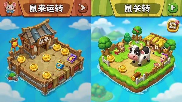 鼠来运转生肖关卡场景展示,左侧是鼠年粮仓风格地图,右侧是牛年田园风格地图,画面对比鲜明,色彩明亮,地图上散布着金币和道具图标,卡通渲染风格,UI布局整洁,游戏场景概念图