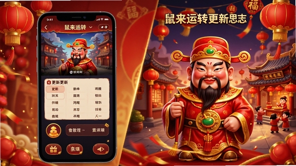 鼠来运转更新日志示意图,画面左侧是手机屏幕显示游戏更新界面,右侧是新增的财神爷皮肤和庙会场景,喜庆的春节装饰,红金色调,UI设计现代,游戏宣传图