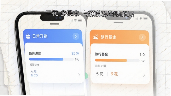 三花小账本多账本与预算预警功能展示图,画面展示手机屏幕分割为两个账本卡片,左侧为“日常开销”账本显示预算进度条,右侧为“旅行基金”账本,主色调为蓝色与橙色对比,背景有细微的网格纸纹理,强调数据可视化与规划感,画面风格为现代简约UI设计稿