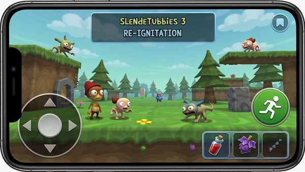 Slendytubbies 3 Re-Ignition Mobile �ֻ���������ʾ��ͼ������ҡ�������½ǣ��Ҳ��б��ܰ�ť�͵������������Ϸ���ʾ������ʾ������UI��࣬����Ϊ��Ϸ����