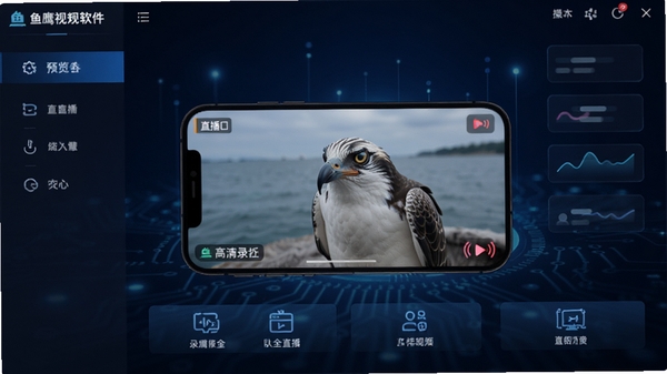 鱼鹰视讯软件主界面预览图,展示其简洁明了的操作布局和核心功能按钮,背景为深色科技感渐变,画面中央为手机屏幕实时预览画面,强调高清录屏与直播的便捷性
