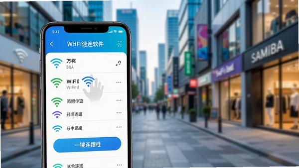 万能WiFi速连软件主界面,展示附近WiFi列表与一键连接按钮,背景为现代城市街道与商铺,前景为手机屏幕特写,界面清晰明亮,体现便捷与高效,风格写实且色彩饱满