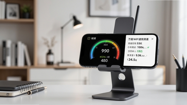万能WiFi速连测速界面截图,显示实时网速仪表盘与延迟数据,背景为现代简约书房,手机放置在桌面支架上,画面侧重于数据可视化与专业性