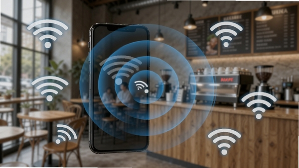 万能WiFi速连扫描动画效果图,手机屏幕向外扩散出蓝色雷达波,周围浮现多个WiFi信号图标,背景为模糊的室内咖啡馆环境,突出快速与智能识别技术