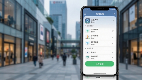 万能WiFi速连软件主界面预览图,展示手机屏幕上的WiFi列表扫描结果,背景为模糊的现代城市商圈,画面主体突出APP图标与连接按钮,风格写实清晰