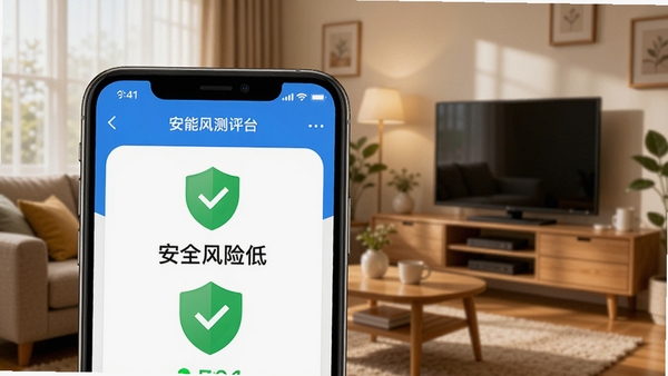 万能WiFi速连安全检测功能预览,手机屏幕展示一个WiFi网络的安全评分结果,界面包含“安全风险低”字样与绿色盾牌图标,背景为家庭客厅环境,风格温馨写实