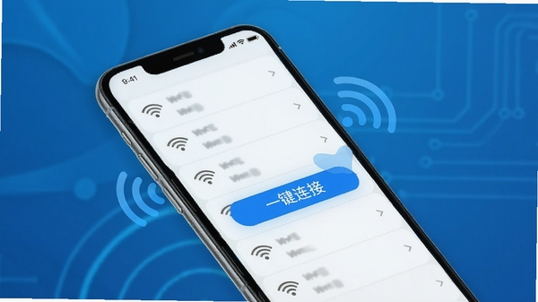 万能WiFi速连功能示意图,手机界面显示扫描到的多个WiFi信号列表,其中一个信号被高亮标记并显示“一键连接”按钮,背景为简约科技蓝渐变色调,画面清晰直观