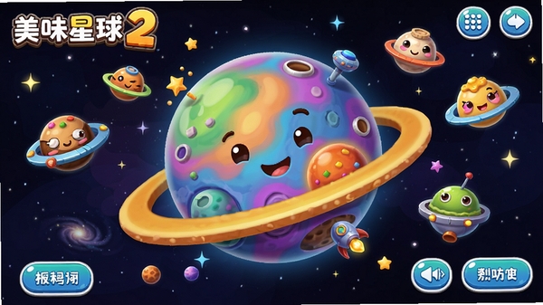 ��ζ����2���ٴι�����Ϸ������Ԥ��ͼ��һ��ɫ�ʰ�쵵Ŀ�ͨ����Ư������������汳���У���Χɢ���Ŵ��СС����ʳ�������˸�����ǣ������������ã�UI��ť�����ɼ������������������������Ϸ��񣬸�����Ⱦ��ϸ�ڷḻ�����й�ͼ���ʺ���Ϊ��Ϸ����ͼ