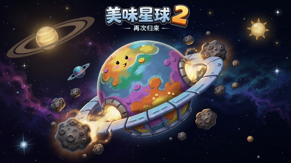 美味星球2:再次归来游戏主界面预览图,一颗彩色星球在深邃宇宙中吞噬周围的小行星,星球表面带有卡通纹理,背景有星云和恒星,画面明亮活泼,整体呈太空主题,居中构图,高清渲染,适合作为游戏宣传图