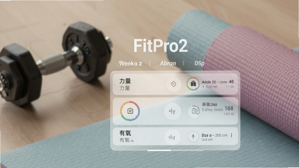 FitPro2 个性化训练计划页面,显示一周训练安排,包含力量和有氧项目,界面简洁,背景有哑铃和瑜伽垫,色彩柔和