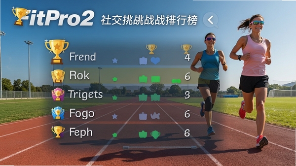 FitPro2 社交挑战排行榜,显示好友步数排名,界面有奖杯图标,背景为户外跑道,人物在跑步,画面充满活力