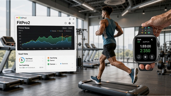 FitPro2 健身管理软件主界面,展示运动数据图表,智能手表同步连接,背景为现代健身房,人物正在跑步,画面清晰,色彩鲜明