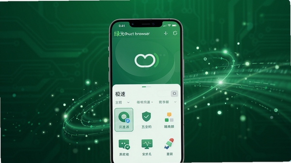 绿光浏览器官方版下载安装主界面,画面中央是一部现代智能手机展示绿光浏览器极简主页,背景采用渐变的深绿色科技光效,周围环绕着高速数据流与轻盈的光点,营造出快速、安全、清爽的视觉氛围,突出浏览器核心的极速与纯净特性