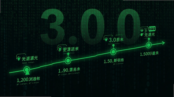 绿光浏览器更新日志示意图,画面以绿色线条勾勒的版本迭代时间轴,背景为数字代码雨与半透明的版本号数字3.0.0,整体风格科技感十足,色调以暗色为主,绿色高亮显示关键节点