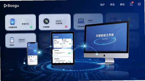 想天智联主界面预览图,展示多设备互联卡片式布局,背景为深蓝色科技感渐变,前景悬浮着手机、平板、电脑三台设备的连接动画,光线明亮,细节丰富,整体风格现代简约,适配Boogu模型生成。