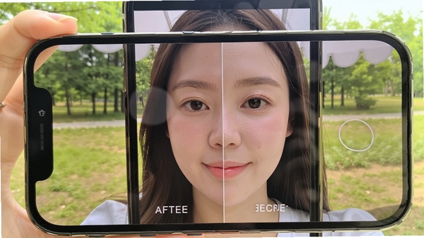 美妆美颜Beauty镜子美颜滤镜效果展示,手机屏幕中展示用户自拍画面,半脸对比美颜前后效果,背景为户外自然光环境,画面清新,突出美颜后的细腻肌肤与自然气色,构图简洁,色彩明亮