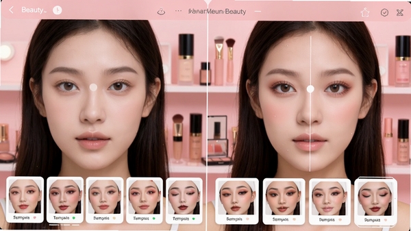 美妆美颜Beauty镜子试妆功能界面,展示多款妆容模板选择,左侧为原图,右侧为试妆效果,背景为粉色调美妆产品陈列,画面明亮,突出妆容对比与自然过渡,细节精致,适合美妆教程类配图